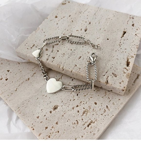 NEW 925 Sterling Silver Heart Link Chain Bracelet - Picture 3 of 11